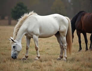 White horse eats grass in dry pasture field. Another dark horse stands behind it. Calm animals graze on meadow. Peaceful rural scene with farm animals.