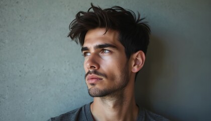 Obraz premium Young man with stylish messy hair, stubble beard, and thoughtful gaze. He wears a grey t-shirt, standing against a concrete wall. His expression is serious and pensive.