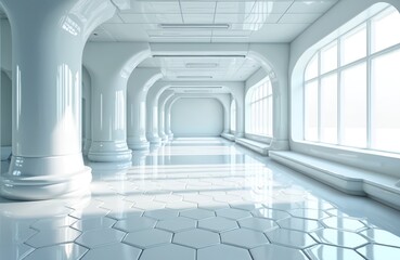 Fototapeta premium Clean white corridor with hexagonal floor tiles. Modern interior architecture with large windows and arched columns. Futuristic, sterile, and bright environment for science or medicine.