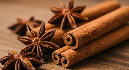 Cinnamon Sticks and Star Anise Spices on Wooden Surface Warm Aromatic Cooking Ingredients