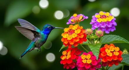 Fototapeta premium Vibrant hummingbird hovers near colorful flowers. Flowers bloom in bold red, orange, and purple hues. Green leaves frame the vivid floral display. Bird's iridescent feathers gleam in natural light