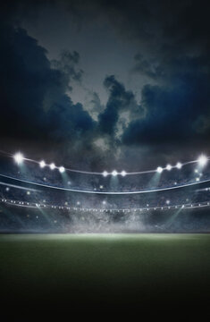 textured soccer game field with isolated, free copy space background - stadium center, midfield. Poster.