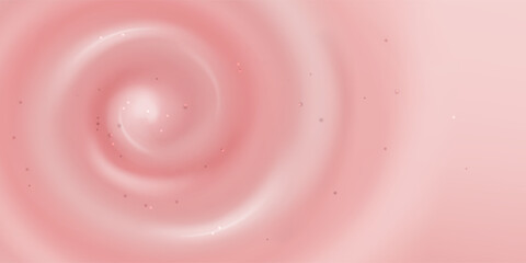 Fototapeta premium Pink strawberry yogurt texture with creamy swirls. Vector realistic illustration of smooth cosmetic background with soft cream waves and circular vortex, liquid milky substance with scrub particles