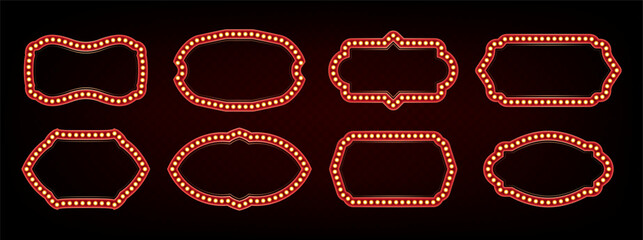 Fototapeta na wymiar Retro light bulb frames of different shape isolated on black background. Vector realistic illustration set of classic red marquee borders for theater show, night club, casino or movie billboard design