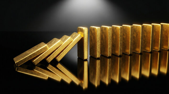 Gold bullion bars toppling in domino chain reaction on reflective black glass surface. Financial contagion, systemic collapse, and market crash domino effect concept.