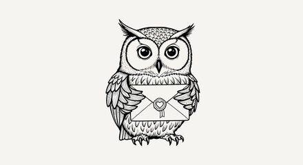 Obraz premium Charming Owl Holding Love Letter Envelope with Heart Seal - Black and White Illustration