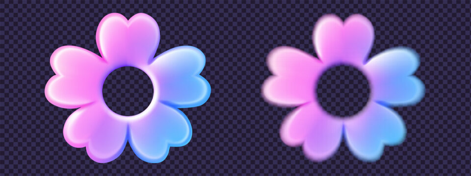 Flower y2k icon for 3d holographic pink and shape sticker emoji. Glass retro design for logo object gradient and purple chrome abstract. Holographic flower background for 3d color geometric.