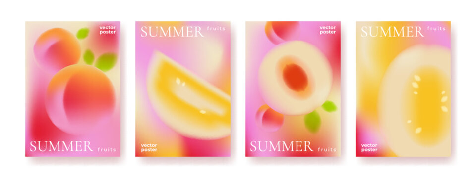 Pastel summer fruits posters collection. Vector realistic illustration of abstract fresh fruit shapes on soft pink gradient background, creative modern banner designs with peach and strawberry melon
