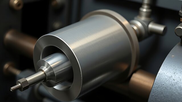 mandrel. A conical metal lathe mandrel rotating with an unfinished tube sleeve fitted over it. safety posters, maintenance manuals, designed for precision metalworking and fabrication facilities.