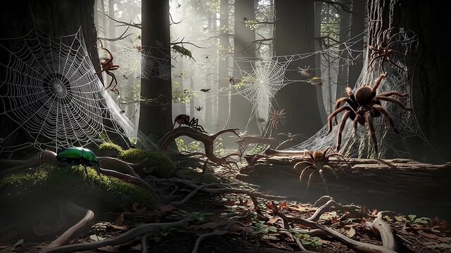 Forest floor with spiderwebs, tarantulas, beetles, and forest trees in filtered light