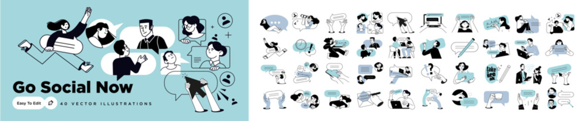 Fototapeta na wymiar Stay in touch. Set of people vector illustrations in various activities of communication, social media, networking, support, community, chatting, app and services, rating and review, conversation.