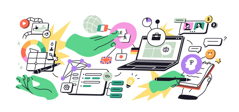 Digital education, e-learning concept. Online study, remote training, web technology with laptop. Virtual distant classes, courses, elearning. Flat vector illustration isolated on white background