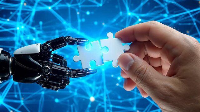 Human hand and robot arm connecting puzzle pieces