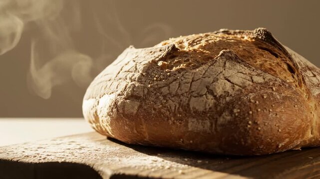 Freshly baked round loaf of bread on wooden cutting board with steam rising, showcasing crusty texture and golden-brown color in a warm indoor setting