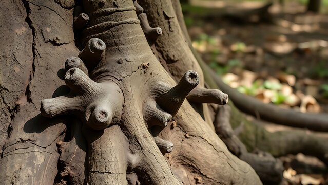 lignin. Close-up of a tree root with knotted protrusions and rough texture in a woodland. ESG reports, sustainability campaigns, designed for sustainability communications and ESG reporting.