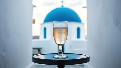 Naklejka premium ouzo. Chilled ouzo glass on a table between blue dome and white walls. bar promotions, beverage menus, packaging labels, designed for product packaging and bar promotions, used by copywriters.