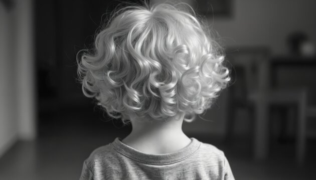 Child with light curly hair stands indoors. Blurred background creates depth. Focus on texture and shape of young ones coiffure. Peaceful indoor scene.