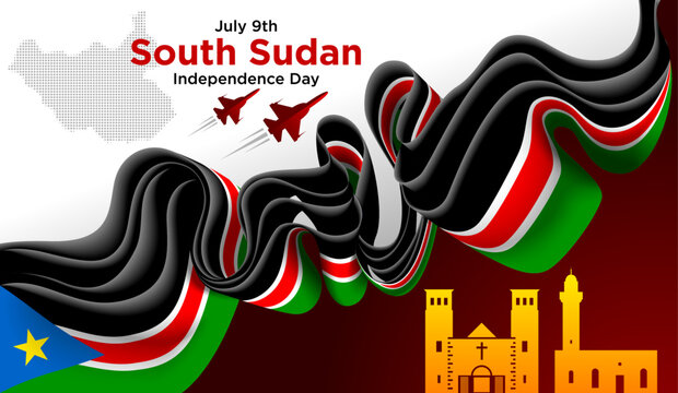 South Sudan Independence Day Background with Multicolor Ribbon and National Landmarks