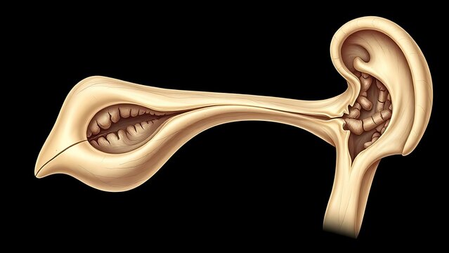 ostomy. Detailed medical illustration of the stapes bone, showcasing its delicate stirrup shape and intricate structure. STEM education sheets.