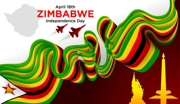 Zimbabwe Independence Day Background with Multicolor Ribbon and National Landmarks