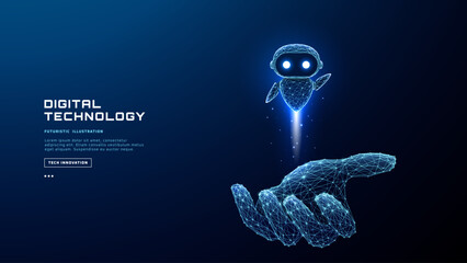 AI chatbot hologram floating above human hand. Cute robot assistant with friendly face represents digital support technology and futuristic communication concept. Polygonal blue vector illustration.