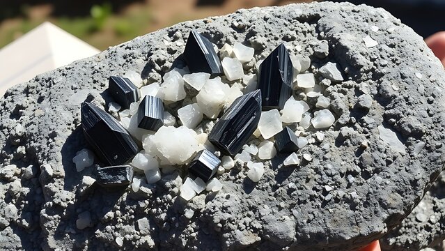 pegmatite. Granite pegmatite specimen with black tourmaline and white feldspar crystals. gardening catalogs, home-decor guides, designed for gardening and botanical catalogs, celebrates nature.