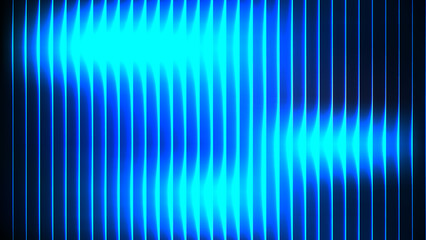 Glowing Cyan Blue Neon Wave Through Glass Ribbed Vertical Lines, Futuristic Holographic Light Texture Background