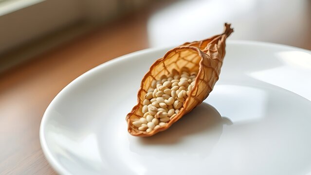 beniseed. A dried sesame pod split open on a white plate, revealing tiny seeds. gardening catalogs, home-decor guides, designed for home decor and floral branding, used by chefs.