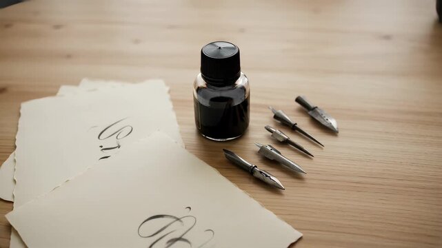 Calligraphy tools arranged on a wooden table with ink bottle and nibs. Elegant handwriting script on textured paper. Art and creativity concept