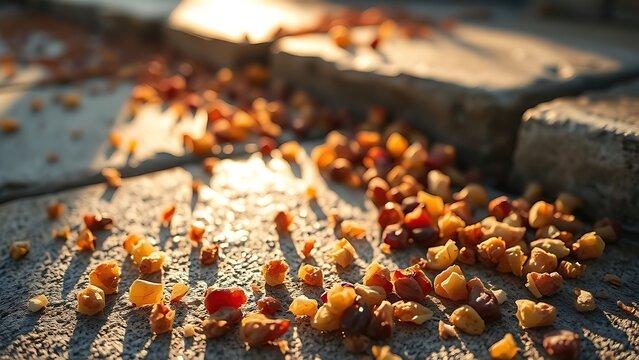 pomace. Dried grape pomace fragments scattered on sunlit stone slabs. menu design, packaging mockups, designed for culinary blogs and recipe cards for restaurants, used by videographers.