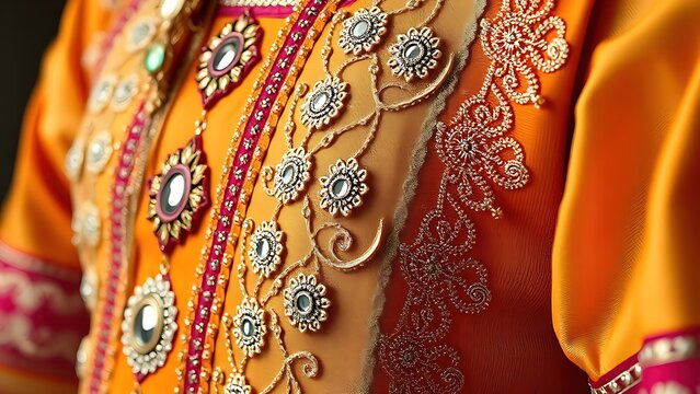 shockabsorber. Close-up of a traditional garment with intricate mirror work and silk embroidery. STEM education sheets, lab safety posters, designed for biotech research communications.