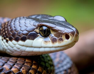 Fototapeta premium Detailed close-up profile of a brown snake with intricate scale patterns and piercing yellow eyes
