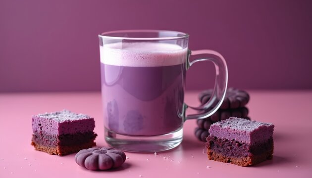 Frothy purple ube latte in glass cup with layered ube desserts and cookies on pink surface. Sweet snack presentation for cafes, food blogs, or recipe websites.