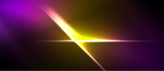 Naklejka premium Abstract background features vibrant purple, yellow light streaks. Diagonal lines intersect creating dynamic visual effect. Dark areas contrast bright colors.