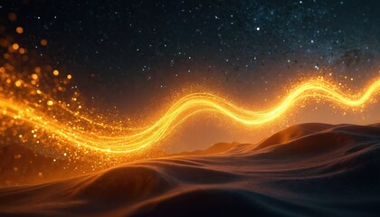 Fototapeta premium Golden energy wave flows over dark desert dunes under starry night sky. Glowing particles shimmer and disperse creating magical atmosphere. Abstract motion background for science and fantasy themes.