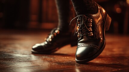 Close-up of female legs in black leather Irish hard shoes performing traditional dance