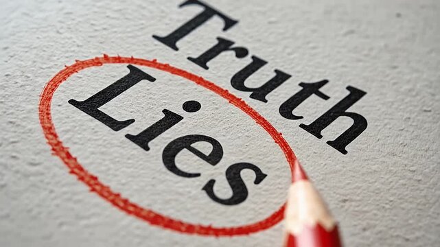 truth lies close-up: red circled lies with pencil, deception concept