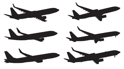 Obraz premium Airplane Silhouettes in Various Angles and Profiles in Black on White Background for Aviation Graphics