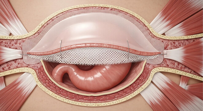 Anatomical illustration of abdominal wall repair with mesh and stomach anatomy medical