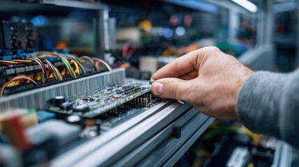 Close-up of Hands Inserting Electronic Circuit Board in Testing Equipment