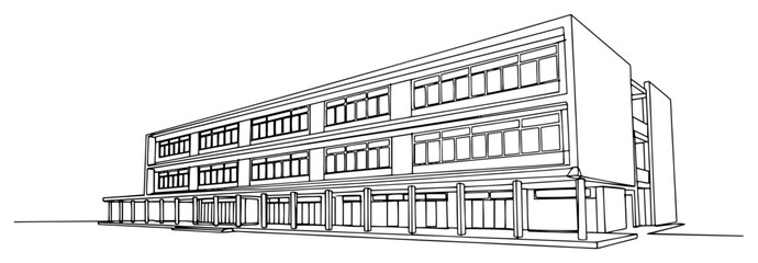 Modern office building or school architecture exterior in perspective line art © InsomniaVideo