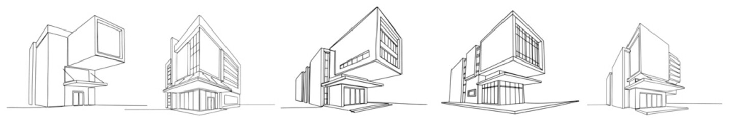 Set of modern architecture building designs in clean minimalist line art style