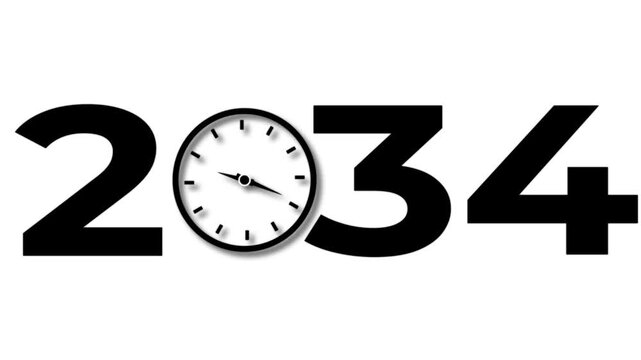 Abstract Glowing black new year 2034 with clock symbol icon. Digital clock icon concept future calendar design video on white background.