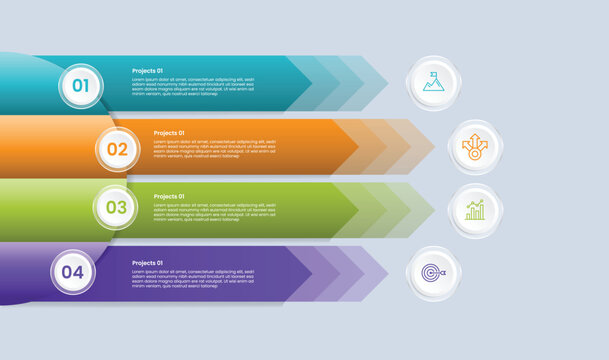 Arrow base infographic with glossy gradient style with long arrow on vertical stacked list transparent gradually with circle base badge with 4 segment point information