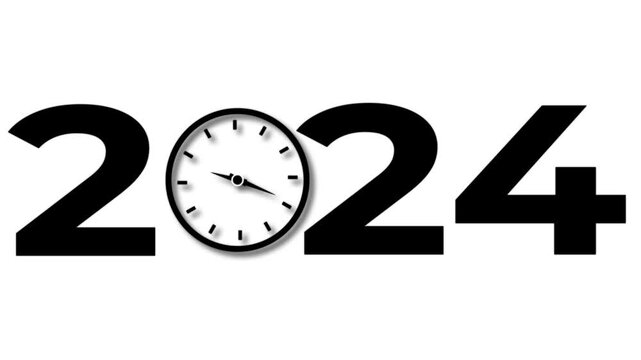 Abstract Glowing black new year 2024 with clock symbol icon. Digital clock icon concept future calendar design video on white background.