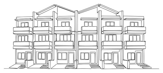 Obraz premium Minimalist line art illustration of a modern row house complex with balconies and pitched roofs