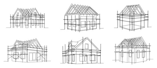 Set of houses under construction with scaffolding and roof frames in minimalist line art style © InsomniaVideo
