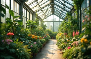 Sunlit greenhouse walkway lined with diverse potted plants, blooming flowers. Rich green foliage creates vibrant natural environment for growing various flora indoors. Sunlight streams through glass