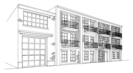 Brick warehouse converted into residential loft apartments line art vector © InsomniaVideo