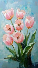 Fototapeta premium Pink Tulip's Blossom: Artistic painting of elegant pink tulips, blooming with beauty and grace in a vibrant array of colors, capturing the delicate beauty of springtime.